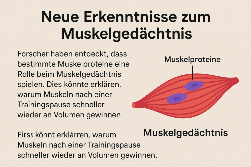 llustration eines Muskelstrangs mit hervorgehobenen Muskelproteinen und Erklärungstext zu neuen Erkenntnissen über das Muskelgedächtnis. Das Bild zeigt, wie bestimmte Muskelproteine eine Rolle beim schnelleren Muskelaufbau nach Trainingspausen spielen.