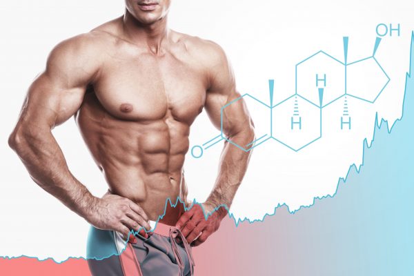 Shredded male torso and testosterone formula. Concept of hormone Shredded male torso, testosterone formula and rising chart. Concept of hormone increasing methods or anabolic steroids usage.